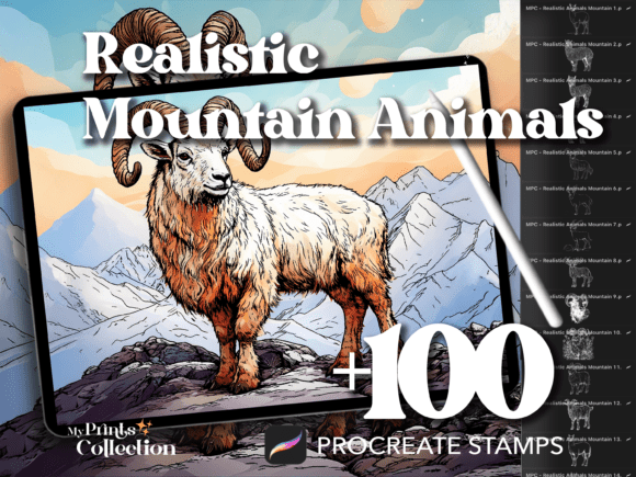 100 Procreate Mountain Animal Realistic Stamp Set: Elevating Digital Art with Alpine Wildlife