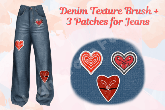 Denim Texture Brush 3 Heart Patches: Realistic Fabric Art with a Personal Touch